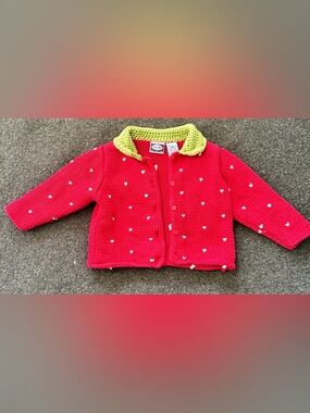 Koala Kids Red Knit Cardigan with Green Crochet Collar